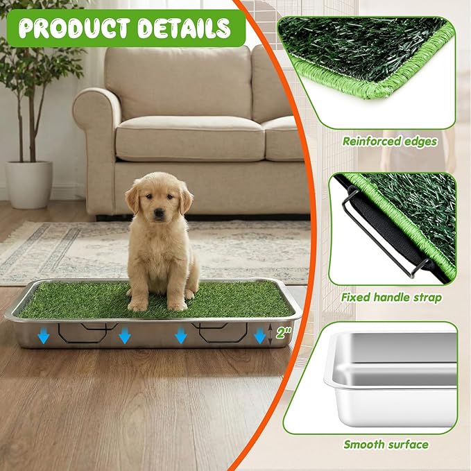 Shimeyao 2 Sets 3-layer Stainless Steel Dog Potty Tray with Artificial Grass Pad, Support Grid & Removable Stainless Steel Tray, 23.6" x 15.8" Portable & Reusable Dog Litter Box for Indoor Outdoor Use