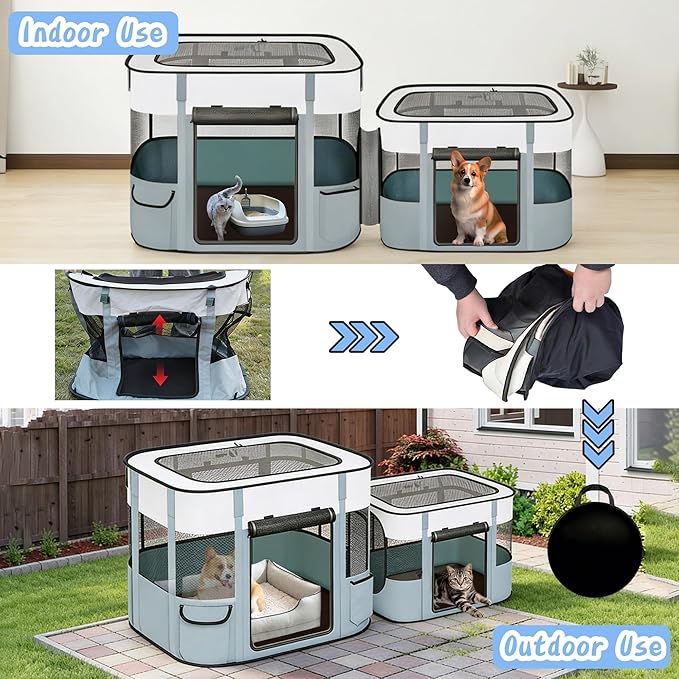 Portable Cat Playpen with Separate Areas, 2-in-1 Puppy Playpen & Cats Cage, Foldable Pet Tent for Indoor and Outdoor Use, Collapsible Tent Kennel Cage House(35.4"x27.6"x27.6", White & Grey)