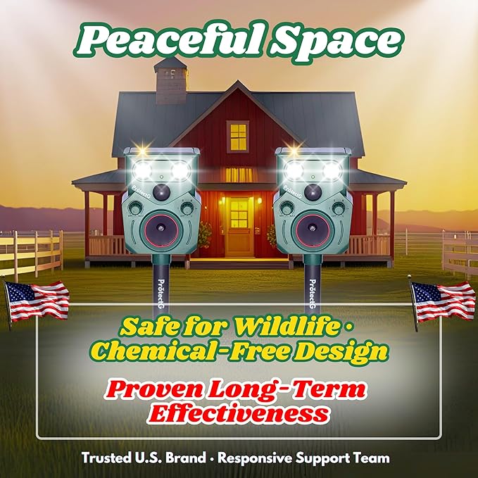 2 Pack Solar Ultrasonic Animal Repellent - Motion Activated Deterrent - Extended Coverage for Farm, Orchard, Garden Large Yard Wildlife Defense - Waterproof Raccoon, Deer, Bird, Cat Repellent