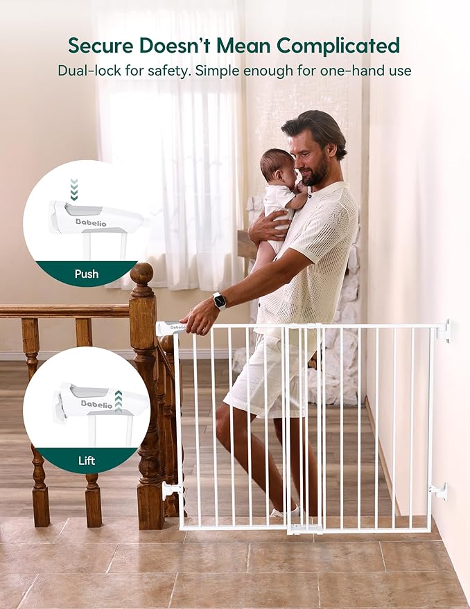 Babelio Baby Gate for Stairs, Kitchen & Doorways, No Bottom Bar| Easy Installation| One-Handed Operation| Auto-Close| Hardware Mount (Drill Needed) Safety Dog Gate (White - B17, 24-39" W, 28" H)