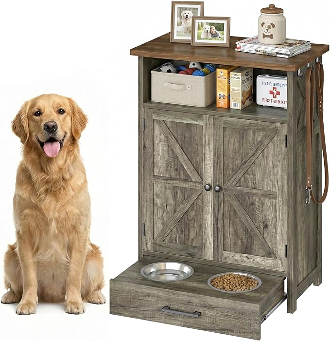 Dog Feeding Station with Storage Cabinet, Raised 2 Elevated Dog Bowls with Hidden Drawer, Pet Feeder Organizer with 3 Side Hooks, Large Capacity Dog Food Storage Cabinet