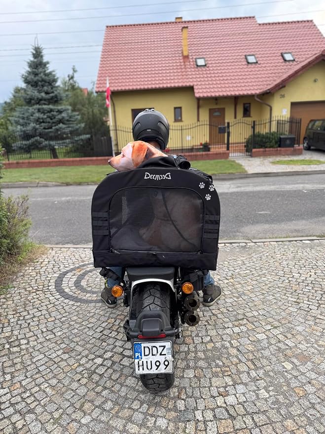 Motorcycle Dog Carrier Capsule XL - Heavy Duty Pet Travel Bag for Large Breeds up to 80 lbs - Universal Fit for Sissy Bar, Luggage Rack - Secure, All-Weather Ventilation, Car & Motorbike Use