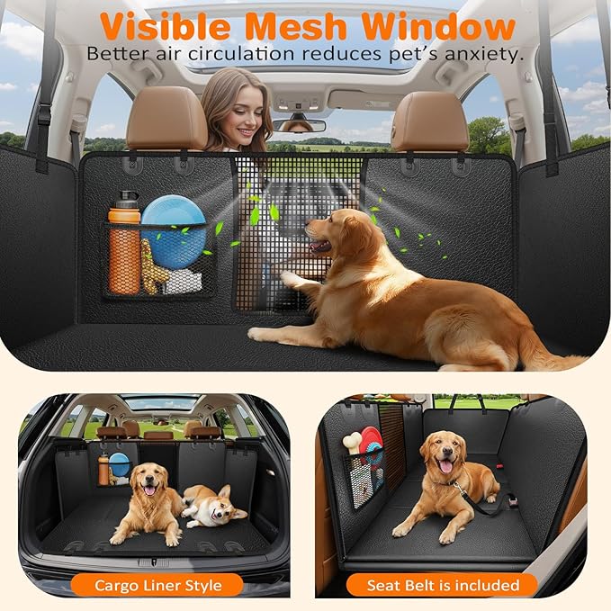 URPOWER PU Leather Backseat Extender for Dogs, Hard Bottom Dog Car Seat Cover for Back Seat, Waterproof Dog Car Hammock Anti-Scratch Pet Rear Seat Protector Travel Bed for Car, SUV, and Small Truck