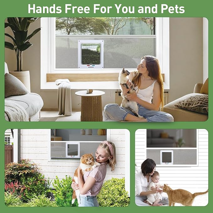 Cat Door for Window, Safety Cat Window with 4 Way Lock, Pet Friendly Cat Door Window Insert, Ease of Installation, Magnetic Closure, Weatherproof Design, Frosted Plexiglass 18"-28"