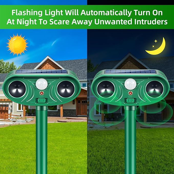 2026 Upgraded Solar Ultrasonic Animal Repellent Deer Repellent Devices Cat Deterrent Outdoor with Motion Sensor Animal Dog Deterrent Keep Raccoon Squirrel Rabbit Away from Yard Lawn Garden 4 Pack
