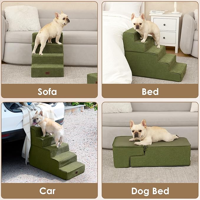 EHEYCIGA Dog Stairs for Small Dogs 13.5" H, 3-Step Dog Steps for Couch Sofa and Chair, Pet Steps for Medium Cats, Non-Slip Balanced Pet Ramp Indoor, Olive Green