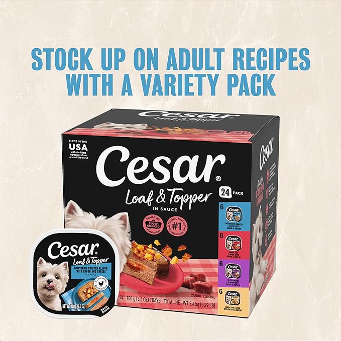 Cesar Loaf in Sauce Wet Dog Food Rotisserie Chicken Flavor with Bacon & Cheese and Filet Mignon Flavor with Bacon & Potato Variety Pack, 3.5 oz. Easy Peel Trays, 12 Count (Pack of 2)