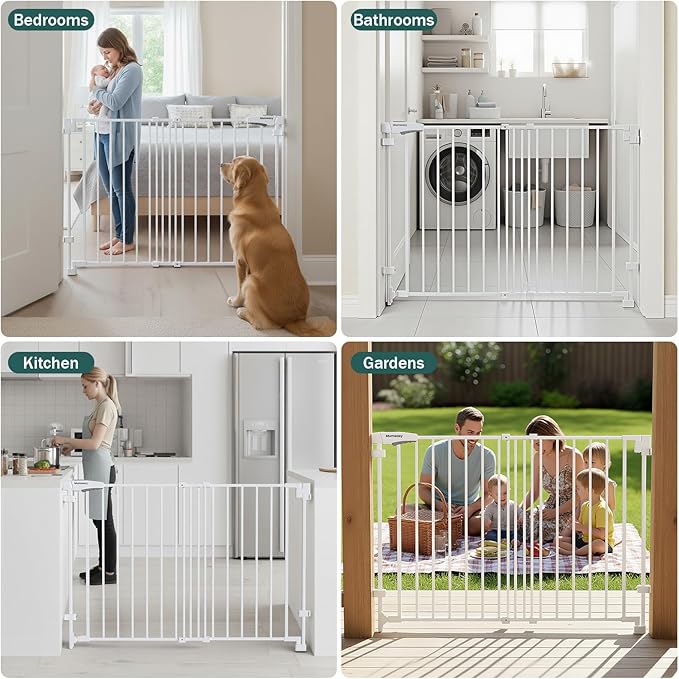 Mumeasy 29.5-43.3" Baby Gate for Stairs, No Bottom Bar Dog Gate with Removable Door & Slide-Adjust Drill Mount, Extra Wide Stairway & Hallway Walk Thru Pet Safety Gate for Doorways, Kitchen (White)