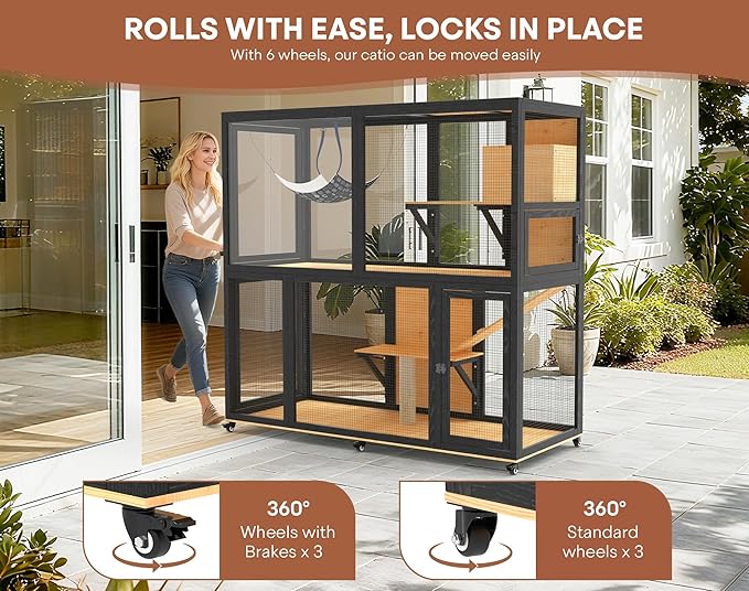 Catio Indoor Cat Enclosure on Wheels, 2-Tier Large Cat Catio for Multiple Cats, Wooden Kitty Cage with Resting Box, Platform, Sunshine Roof, Black and Yellow