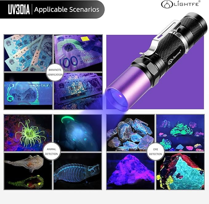 LIGHTFE Black Light UV301-395nm UV Light AA batery Blacklight uv Torch for UV Glue Curing, Rock and Mineral Identification, Fluorescent Agents, Pet Urine, Stain Detection, AC Leakage Detection.