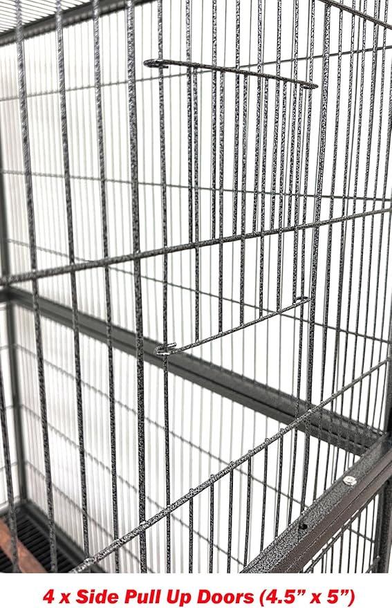 Extra Large Durable Wrought Iron Metal Bird Flight Parrot Breeder Home Cage with Double Large Front Doors Side Pull Up Doors Rolling Stand Storage Shelf Lockable Wheels