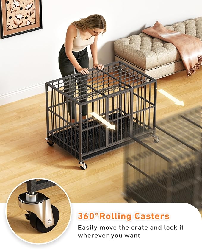 42 inch Heavy Duty Dog Crate with Dual Doors and Lockable Wheels, Large Dog Kennel Indoor, Removable Tray for Easy Cleaning, Dog Cage for Medium to Large Breeds and Anxious Dogs