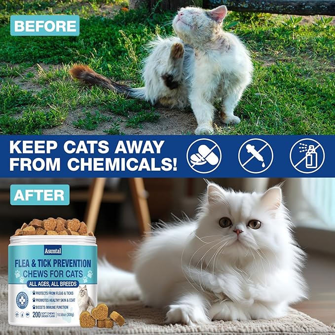 Flea and Tick Prevention for Cats Chewable, Natural Cat Flea Treatment, Oral Kitten Cat Flea & Tick Control, Flea Pills Supplement with Vitamins Support Immune, Skin & Coat, 200 Soft Chews (Chicken)