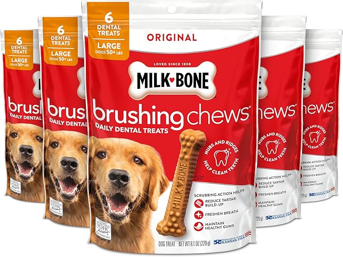 Milk-Bone Original Brushing Chews, 6 Large Daily Dental Dog Treats (Pack of 5) Scrubbing Action Helps Clean Teeth