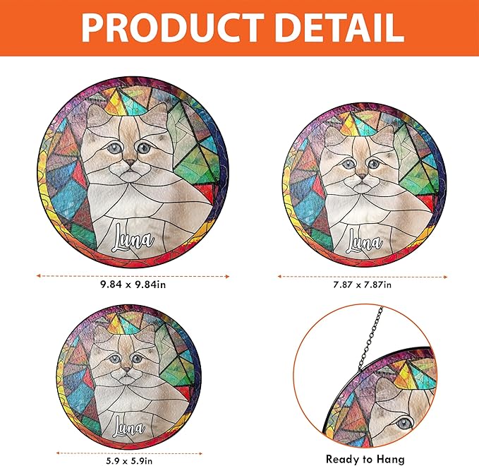 Lovely POD Personalized Cat Stained Glass Suncatcher, Memorial Keepsake Remembrance Gift for Fur Lovers, Custom Name Pet Photo Ornament Window Hanging, Home Decor, Sympathy Gift for Loss of Cat