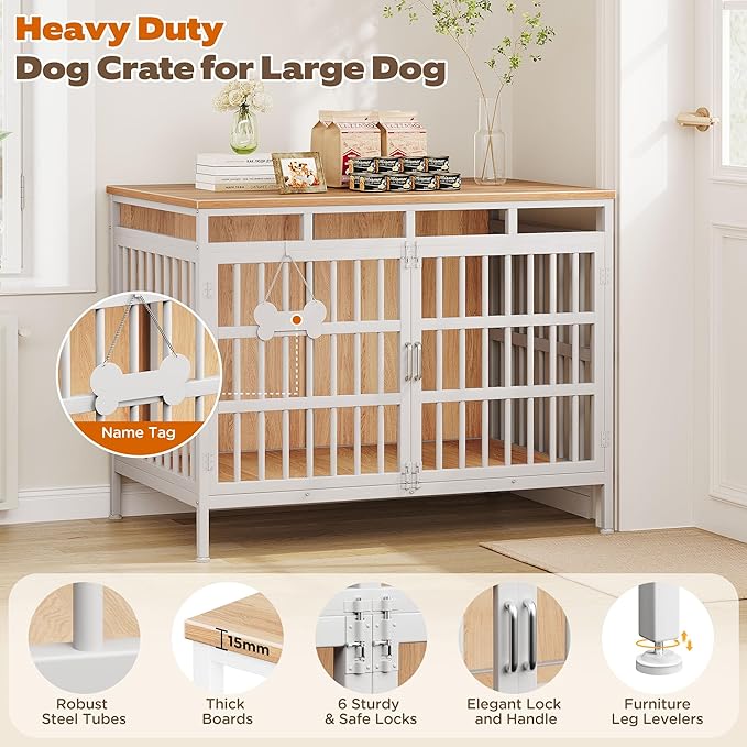 Extra Large Dog Crate Furniture, Heavy Duty Dog Kennel for Small Medium Large Dogs, Double Doors Indoor Decor Pet House Cage, Anti Escape Wooden Dog Cage with Name Tag End Table, TV Stand, Beige