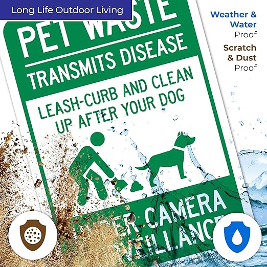 Pet Waste Leash-Curb and Clean Up After Your Dog Under Camera Surveillance Sign, 10x7 Inches, 4 Mil Vinyl Decal Stickers Weather Resistant, Made in USA