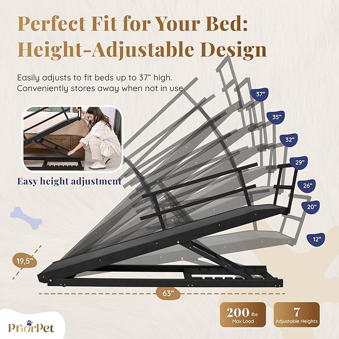 Dog Ramp for Bed with Safety Rails for High Beds up to 37" – Extra Wide 19.5" Adjustable Dog Bed Ramp for Large Dogs up to 200 lbs – Solid Birchwood, Non-Slip Rubber Surface, Foldable Design – Black