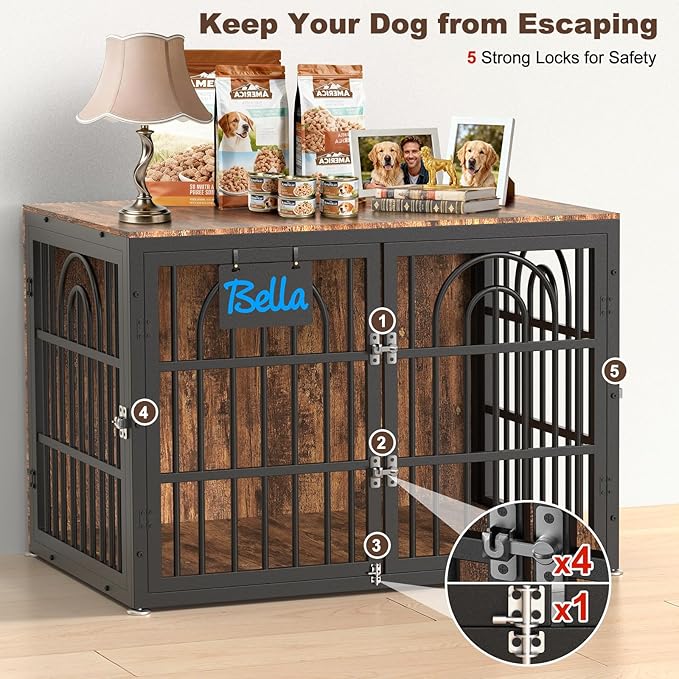 38" Dog Crate Furniture, Heavy Duty Dog Crates, Dog Kennel Furniture Indoor for Medium Dog as TV Stand, Wooden Cage End Table for Indoor Decoration, Name Tag Escape-Proof Locks & Double Door
