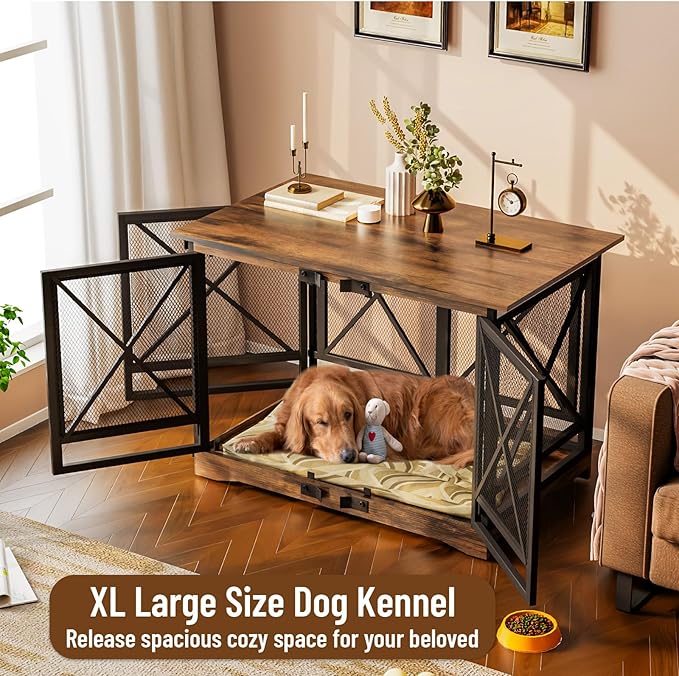 COZPAW Large Dog Crate Furniture - 48 inch Heavy Duty Dog Kennel Indoor for XLarge Breed with Double Doors, Wooden Dog Cage XL Modern Decorative End Table Pet House (Brown)
