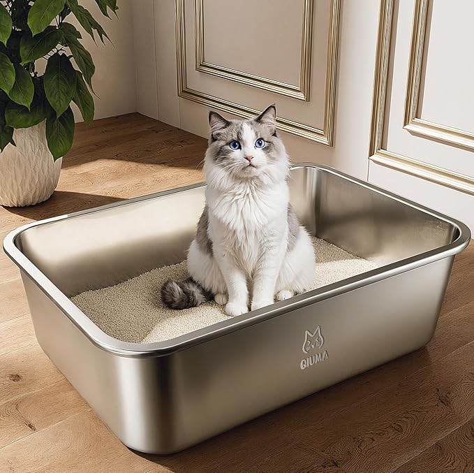 2 Packs Stainless Steel Cat Litter Box, 17.6" L×13.6" W×6" H, Metal Kitty Litter Box with High Sided for Small Cats, Non-Stick, Easy to Clean, Odor-Free