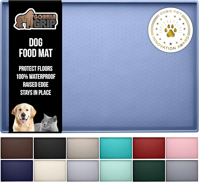 GORILLA GRIP 100% Waterproof Raised Edge BPA Free Silicone Pet Feeding Mat, Dog Cat Food Mats Contain Spills Protects Floors, Placemats for Cats and Dogs Water Bowl, Pets Accessories 28x18 Blue