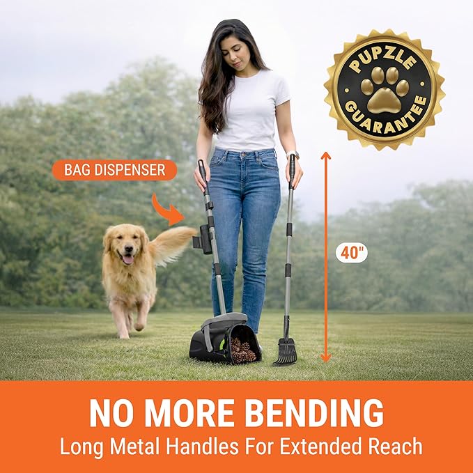 Pupzle Dog Pooper Scooper with Bag Attachment, 40" Long Handle Pooper Scooper for Large Dogs, Dog Poop Scoop for Yard, Large Capacity Swivel Bin and Rake, Lavender Scented Bags (Grey)