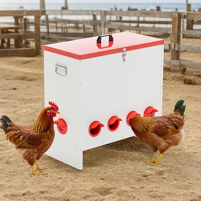 Metal Chicken Feeder Large Capacity Automatic, 10-Ports Weather-Resistant & Animal-Proof Poultry Feeder for Chickens, Geese, Ducks, Turkeys, Quails