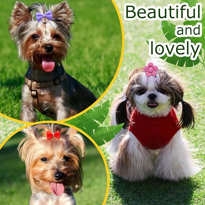 100pcs Assorted Dog Hair Bows,Cute Solid Color Dog Bows for Girl Small Medium Size Dogs,Handmade Puppy Bowknot with Rhinestone Crown Designer and Mix Shapes, Pet Hair Grooming Accessories