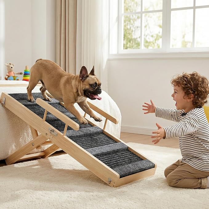 Upgraded Dog Ramp for Couch, Foldable Wooden Pet Ramp with 4 Adjustable Heights from 14'' to 22", Portable Pet Steps with Detachable Guardrails for Small Dogs, Puppies, Injured and Old Dogs