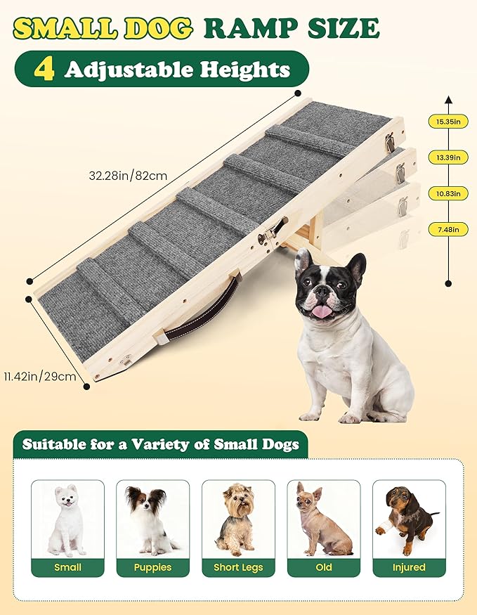 Dog Ramp Dog Stairs for Small Dogs Foldable Dog Ramp with 4 Adjustable Heights from 7.48'' to 15.35" Wood Pet Ramp with Non Slip Carpet Portable Puppy Ramp for Couch, Sofa, Low Bed