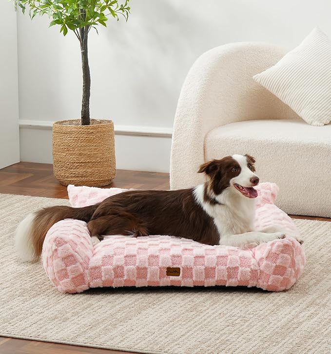Made4Pets Dog Couch Bed, Soft Faux Fur Checkered Indoor Pet Sofa, Comfortable Fluffy Dog Sofa with Supportive Foam, Removable Washable Cover with Non-Slip Base, Pink, Large