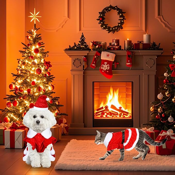 Cat Dog Christmas Dress Outfit Cat Christmas Dress with Santa Hat Costume Holiday Outfit Clothes for Cats Puppy XS Small Dogs (Medium)