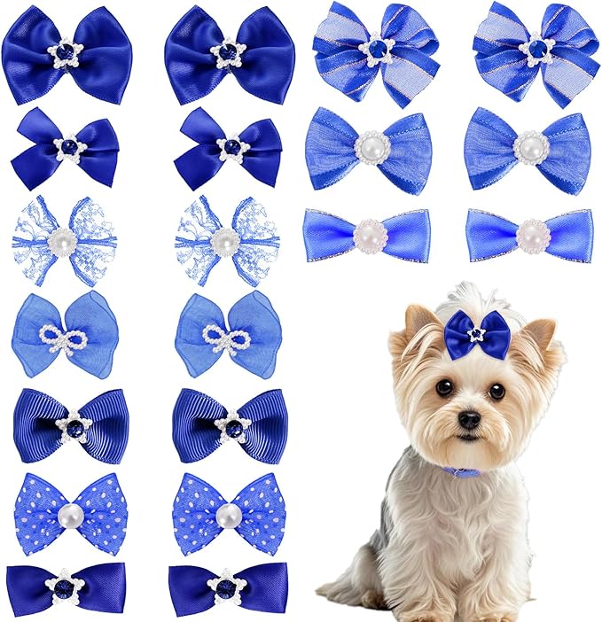 20 PCS Cute Dog Hair Bows with Rubber Bands Elastic Handmade Mix Style Lace Rhinestone Pearls for Furry Puppy Cat Pet Girl, Dark Blue