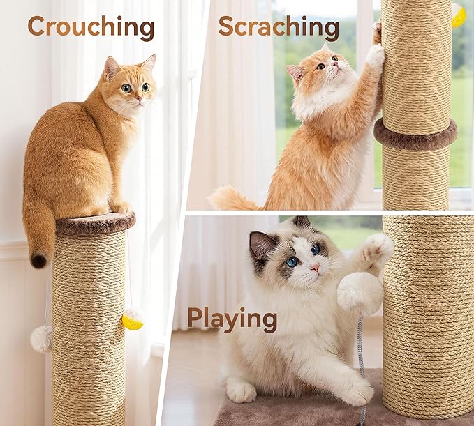 5-Inch Thick Sisal Cat Scratching Post, 36" Tall Scratch Tower with 6.5" Top Perch and Large 20.8×15.9" Stable Base, Durable Cat Scratcher for Indoor Cats, Brown