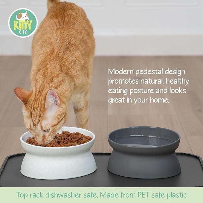 Kitty City Elevated Cat Bowls (Set of 2), Whisker-Friendly Raised Cat Food & Water Dishes, Modern Pedestal Design, Dishwasher Safe, 10.8 oz Each – White & Gray