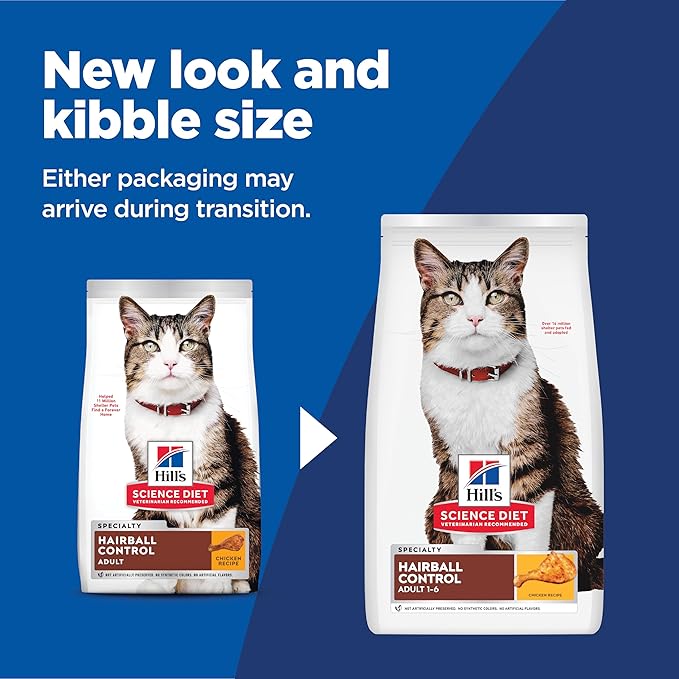 Hill's Science Diet Hairball Control, Adult 1-6, Hairball Control Support, Dry Cat Food, Chicken Recipe, 7 lb Bag