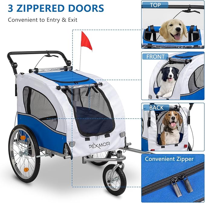 PEXMOR 2-in-1 Dog Bike Trailer & Stroller, Universal Hitch, Pet Cart Bike Wagon Cargo Carrier with Shock Absorber & Universal Wheel