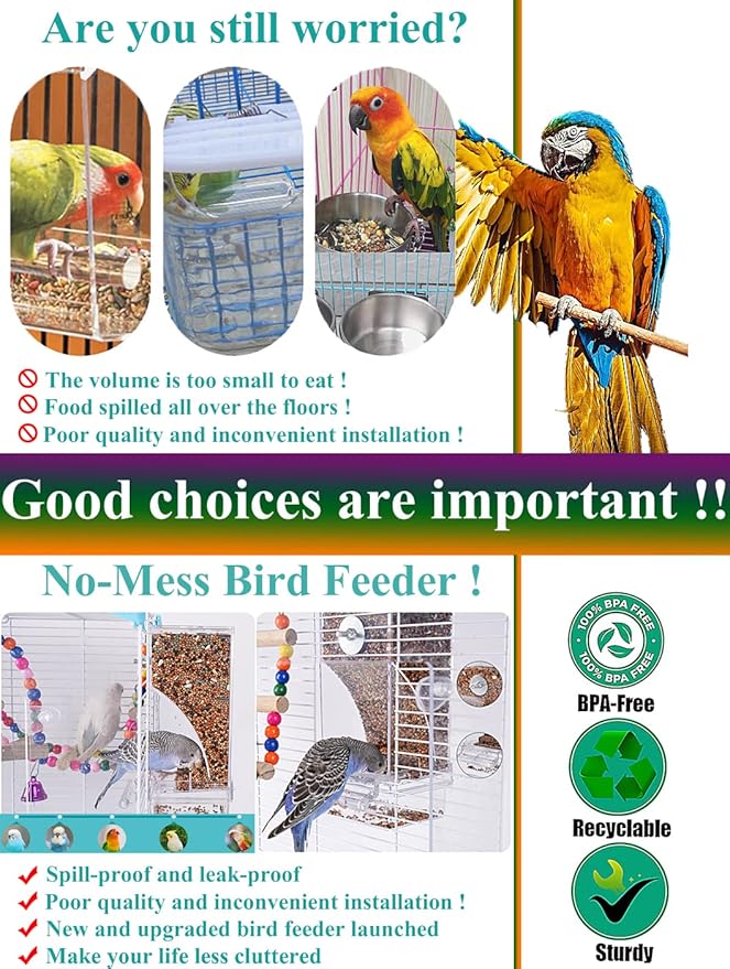 Kenond No Mess Bird Feeder Water Dispenser Set, Automatic Parrot Cage Accessories, Acrylic Parakeet Seed Food Drinker for Cockatiel, Squirrel, Finch, Lovebirds, Budgies, Canary