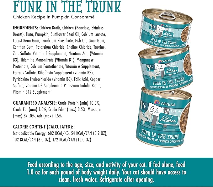 Weruva Cats in The Kitchen, Funk in The Trunk with Chicken in Pumpkin Consomme Cat Food, 3.2oz Can (Pack of 24)