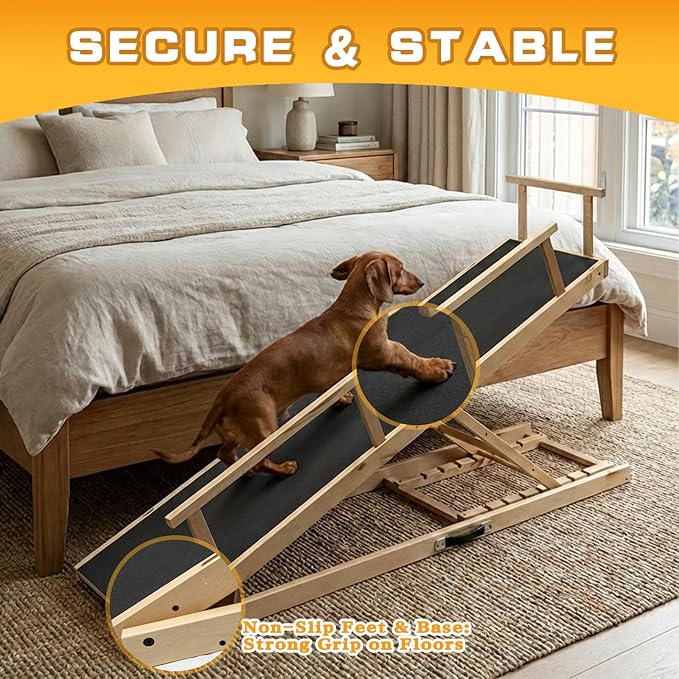 7 Adjustable Dog Ramp for Bed, Couch - 63" Foldable Birchwood Dog Ramp with Safety Rails, Non-Slip EVA Surface & DIY Glow in The Dark Strips, Wooden Pet Ramp for Large Dogs Supports 250Lbs