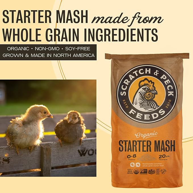 Scratch and Peck Feeds Whole Grain Starter Mash Chicken and Duck Feed - Corn-Free and Soy-Free - 20.5% Protein, Certified Organic and Non-GMO Project Verified Chicken Food - 50 lbs Bag
