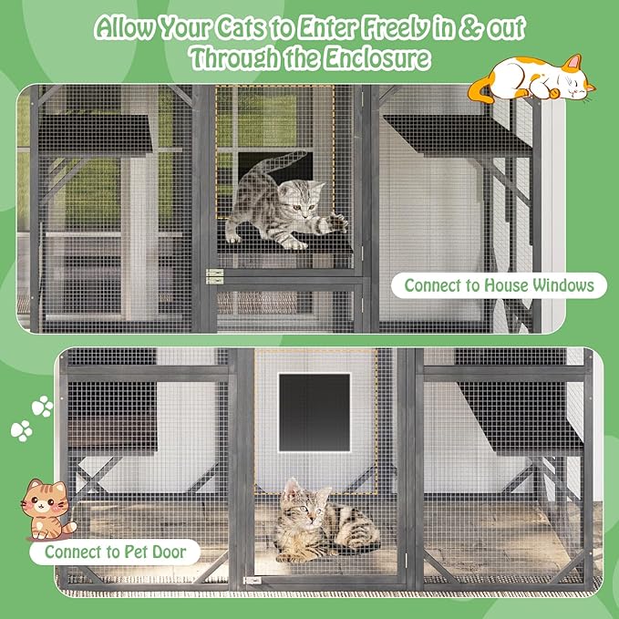 Tangkula Catio Outdoor Cat Enclosure Large, 71 Inch Outdoor Cat House Weatherproof with Asphalt Roof, Wooden Cat Cage Playpen with 7 Jumping Platforms & 2 Resting Boxes, Walk-in Cat Kennel Condo