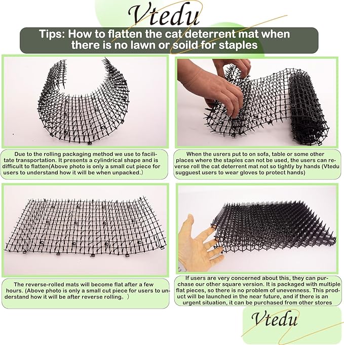 Cat Deterrent Mat(6.5ft), Cat Repellent Mat, Cat Scat Mat,Cat Spikes with 8 Staples, Scat Mats for Pets(Cats, Dogs...) for Garden