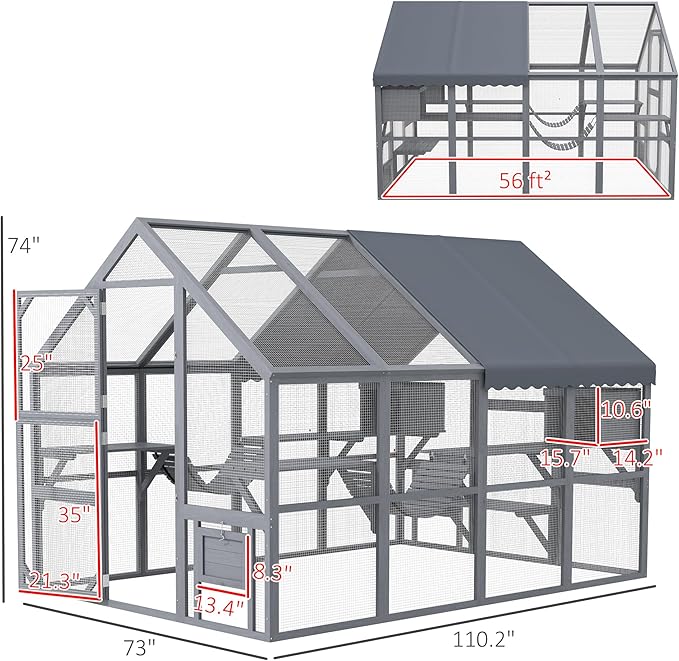 PawHut 110" L Large Catio Outdoor Cat Enclosure for Multiple Kittens, 56 sq.ft Wooden Cat House with Waterproof Cover, Walk in Kitty Cage Kennel with 2 Condos, 6 Platforms, Bridge, Doors, Gray