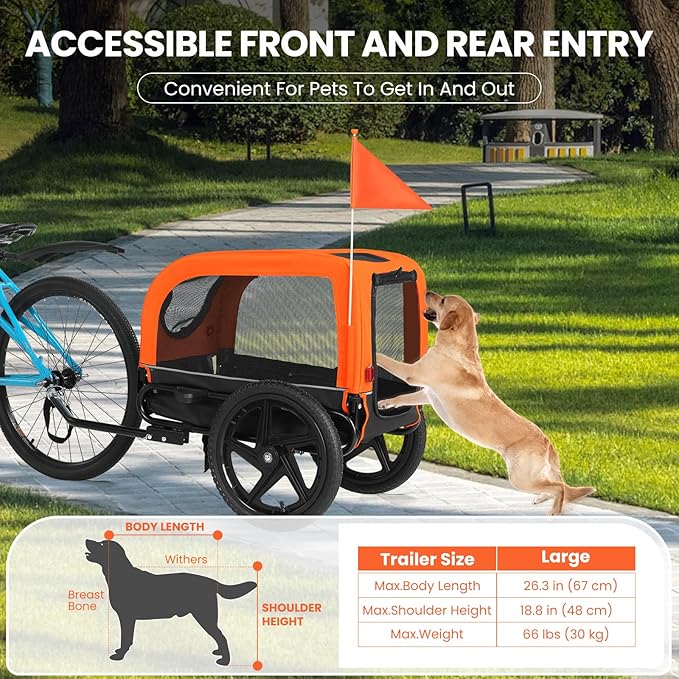 Sepnine Dog Bike Trailer, Dog Cart for Bicycle, Suitable for Small and Medium Pets, Easy Folding Cart Frame, Quick Release Wheel, Non-Slip Floor, Internal Leash, 66LBS Orange
