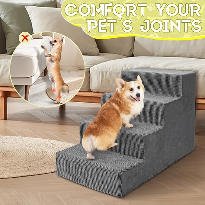 Niubya Dog Stairs for Small Dogs and Cats,18'H Non-Slip Bottom Pet Steps for High Beds and Couch,Extra Wide High-Density Foam Pet Stairs Grey,4 Steps