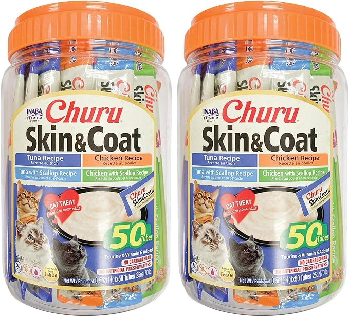 INABA Churu Lickable Purée Natural Cat Treats for Skin and Coat with Omega Oils,Taurine and Vitamin E,0.5 Ounces Each Tube, Tubes,Skin & Coat Variety,(Pack of 100)