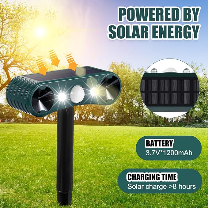 Qualirey 2 Pcs Solar Nocturnal Ultrasonic Light Animal Repeller Outdoor Deterrent with Pir Sensor Waterproof Deterrent Deer Repellent Devices to Repel Cat, Dog, Rabbit, Raccoon, Fox for Yard Garden