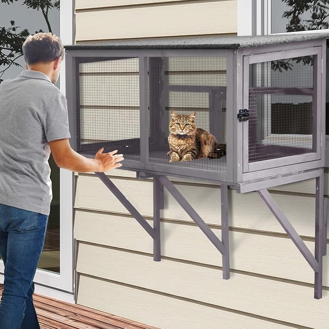 Aivituvin Catio Outdoor Cat Enclosure, Cat Window Box for 1-2 Cats with Weatherproof Asphalt Roof & Lockable Door, Expendable Secure Window Perch House for Large Outdoor Cats